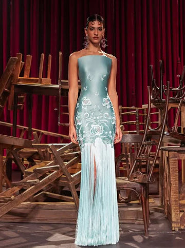 Unique Sheath Strapless Embroidered Flower Sage Green Satin Party Dress Evening Dress HZ1023